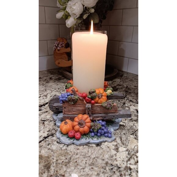 Fall Candle Holder Pumpkins Grapes Squash Home Decor In Wheelbarrow Cart - Picture 11 of 16